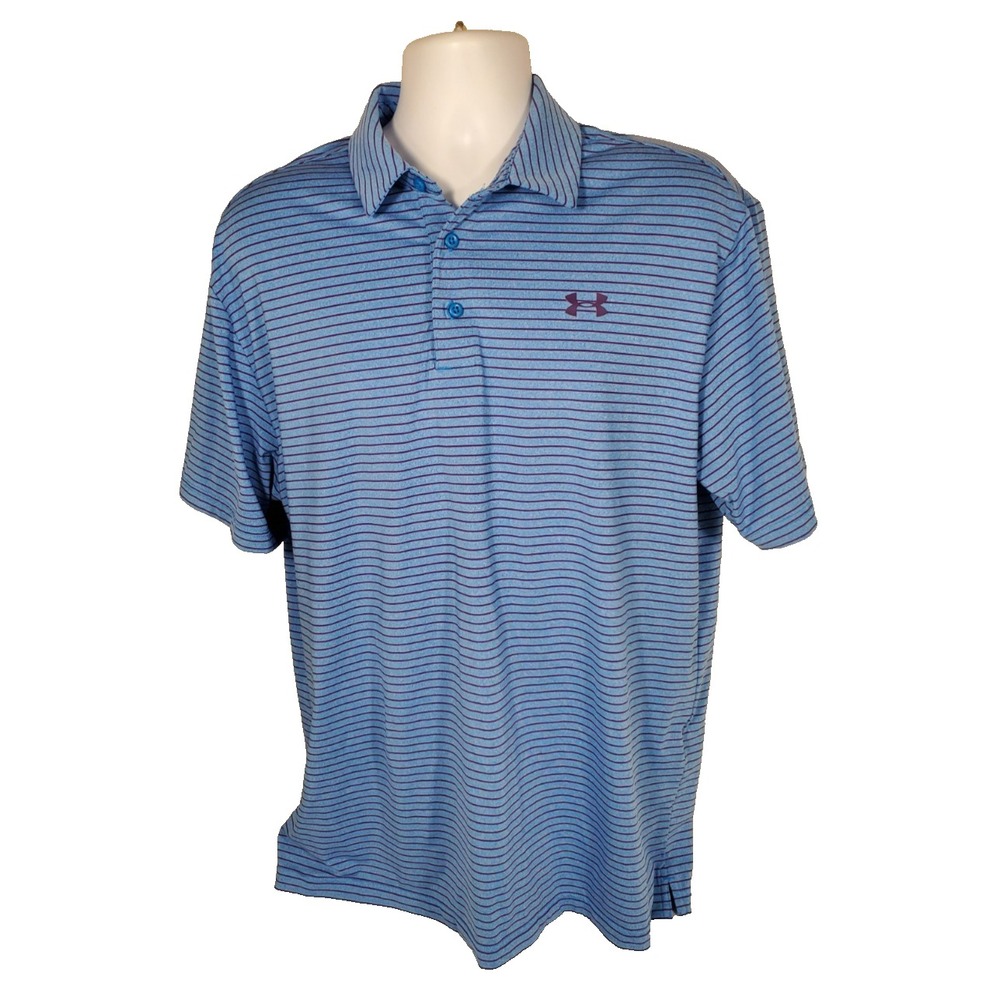 Under Armour Polo Striped Short Sleeve Shirt Loose Heat Gear Men's XL Blue